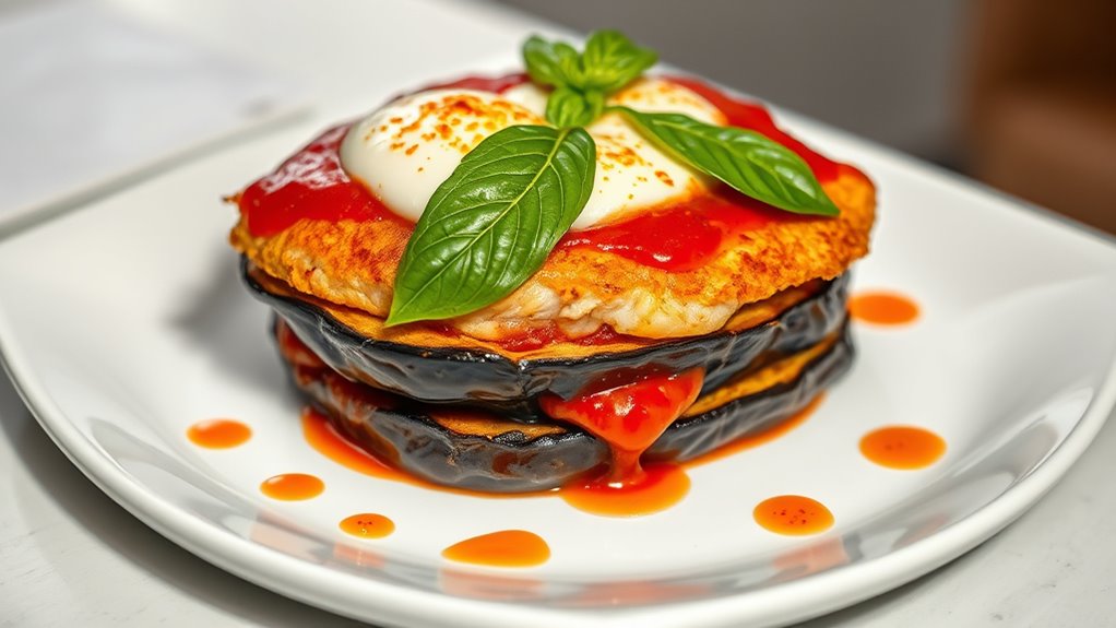high protein crispy eggplant stacks