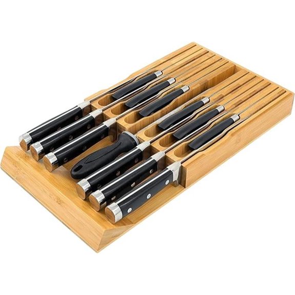 VaeFae Bamboo Knife Drawer Organizer with Sharpener Slot