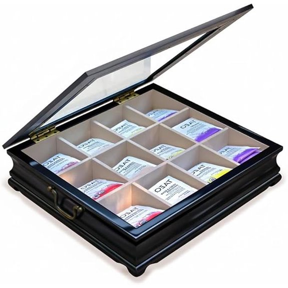 Tea Chest 12 Compartments Tea Bag Large Storage Box with Beveled Glass Lid