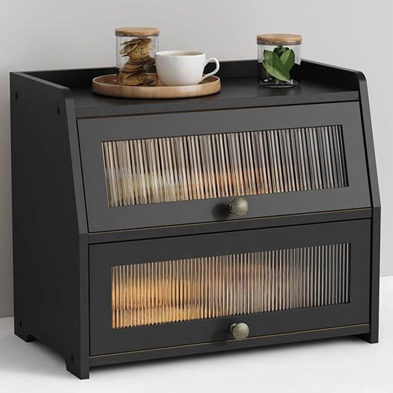 Large Black Kitchen Bread Box with Double Layer